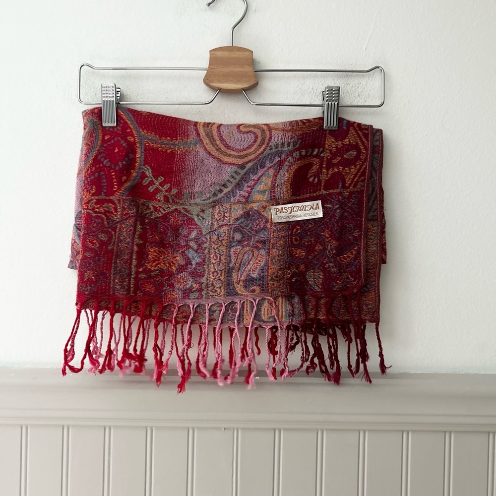 Vintage Pashmina Silk Vibrant Red and Purple Paisley Scarf